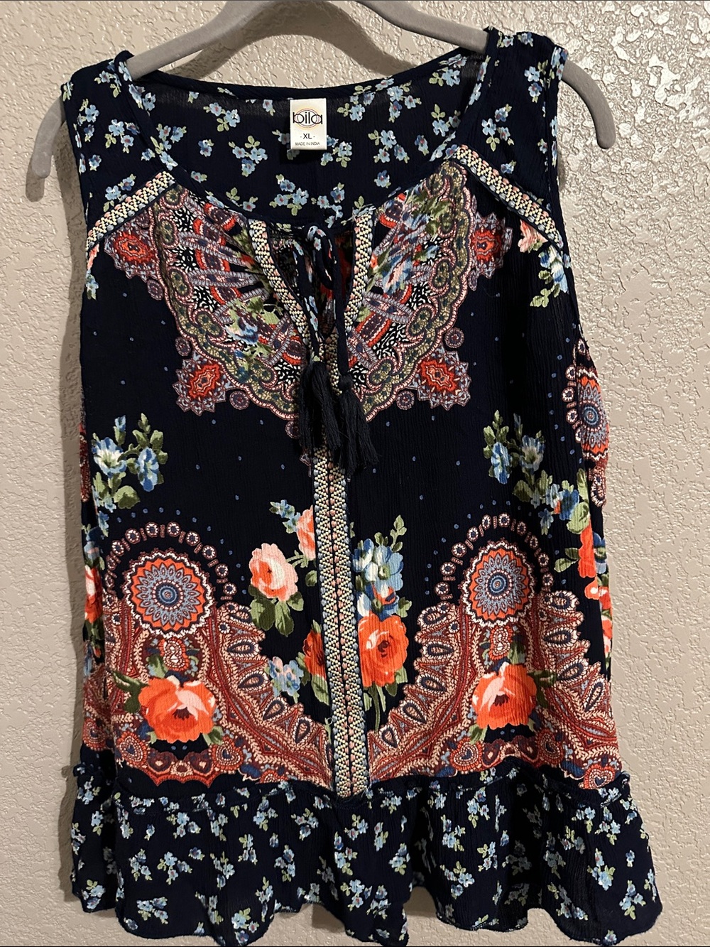 Bila Navy Floral Paisley Tie-Front Camisole with Tassels